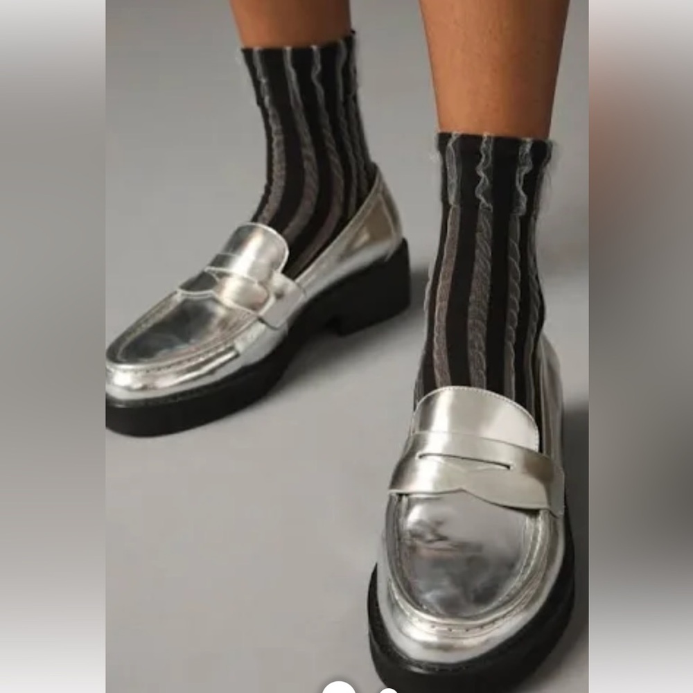 Anthropologie Slip On Lug Penny Loafers Silver 9/9.5N